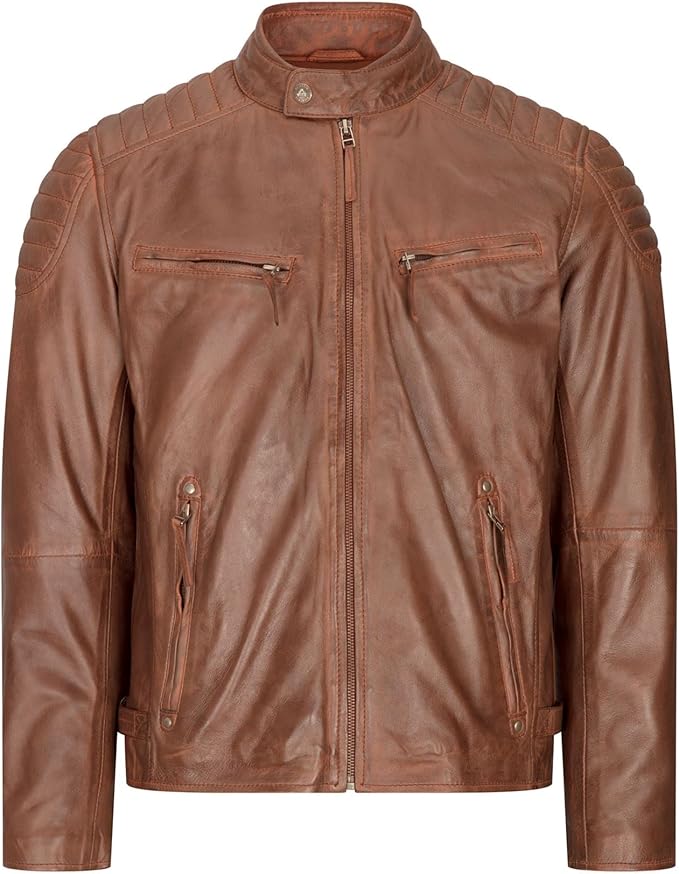 Blackhorn Leather – Men’s Genuine Leather Biker Jacket (Wood Brown)