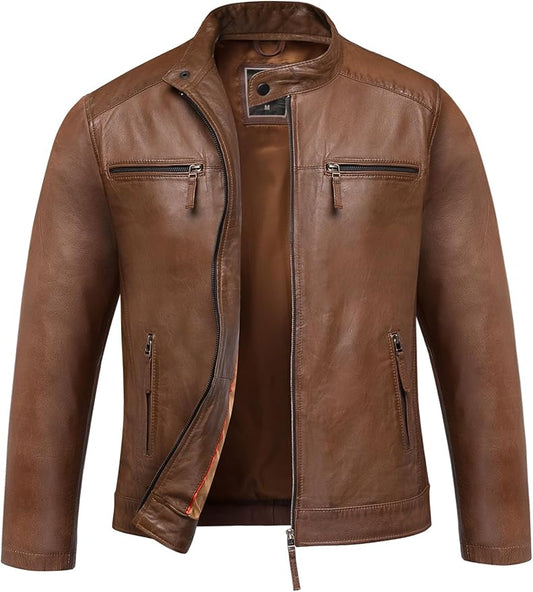 Blackhorn Leather 9108 Men’s Real Sheepskin Biker Jacket with Zip – Cognac & Black