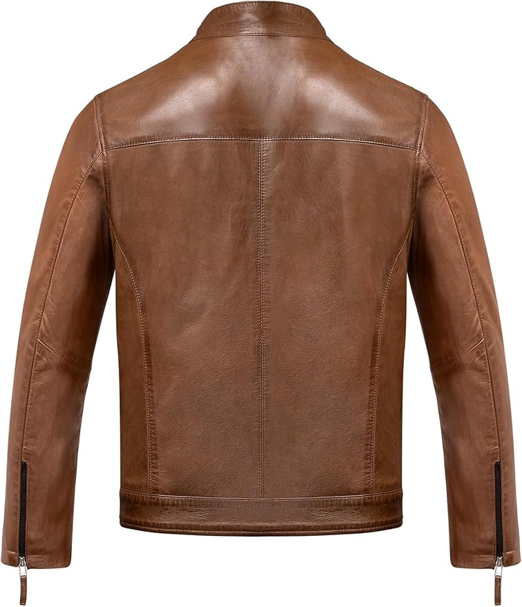 Blackhorn Leather 9108 Men’s Real Sheepskin Biker Jacket with Zip – Cognac & Black