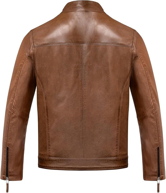 Blackhorn Leather 9108 Men’s Real Sheepskin Biker Jacket with Zip – Cognac & Black